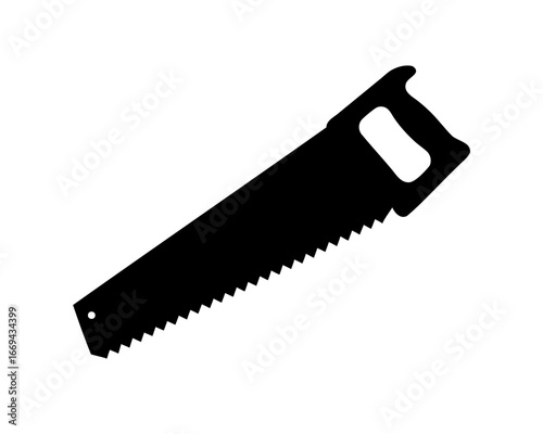 Black silhouette of a hand saw with handle on white background