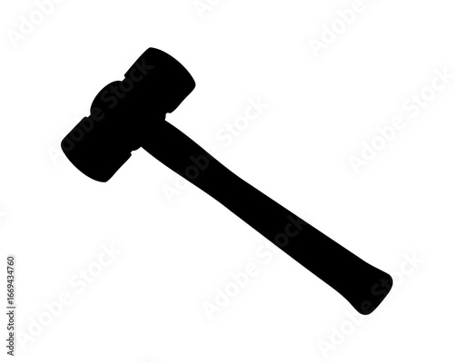 Black silhouette of a sledgehammer, against a white background, angled presentation