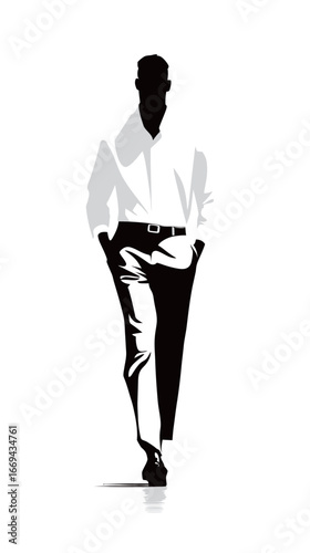 A monochrome representation of a figure in a white shirt and black pants walks confidently. The posture exudes style and elegance.