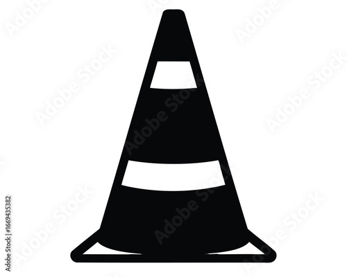 A simple black and white image of a safety traffic cone