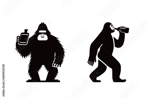 Two distinct Sasquatch figures are depicted. One is holding a bottle, while the other is drinking from a container. The backdrop is plain and emphasizes the characters.