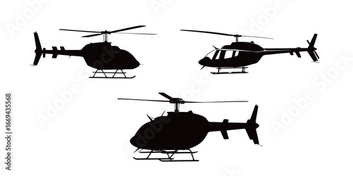 Silhouettes of three helicopters showcase different designs and shapes against a clean background. Ideal for aviation themes, illustrations, or design projects.