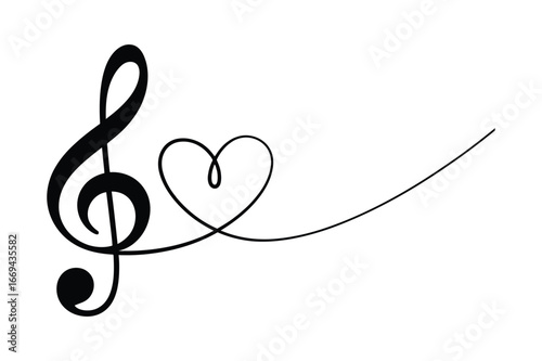 Elegant single line drawing of a treble clef seamlessly transforming into a delicate heart shape symbolizing love for music