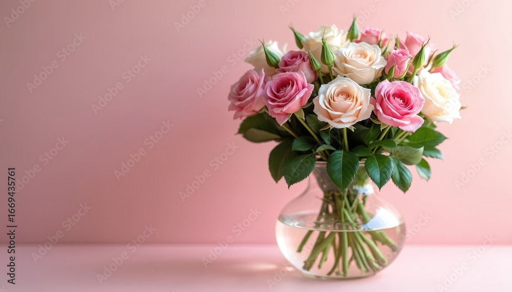Fototapeta premium Vibrant pink, white roses fill clear glass vase, resting on pink table against soft pink backdrop. Delicate petals, green leaves create romantic, fresh floral arrangement. Beautiful bouquet joy,