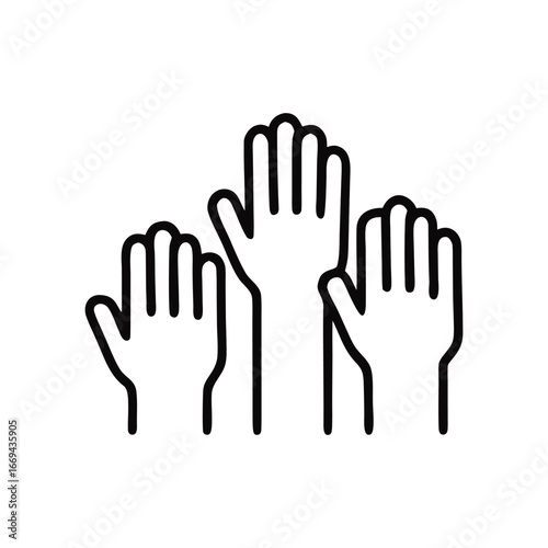 Three hands raised in unity participation or voting black and white illustration for educational and social themes reaching consensus together