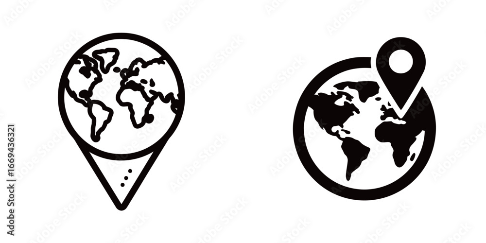 Two distinct visual elements showcase global representation. The first features a globe with a pin, while the second presents an outline globe with a marker, highlighting geographical focus.
