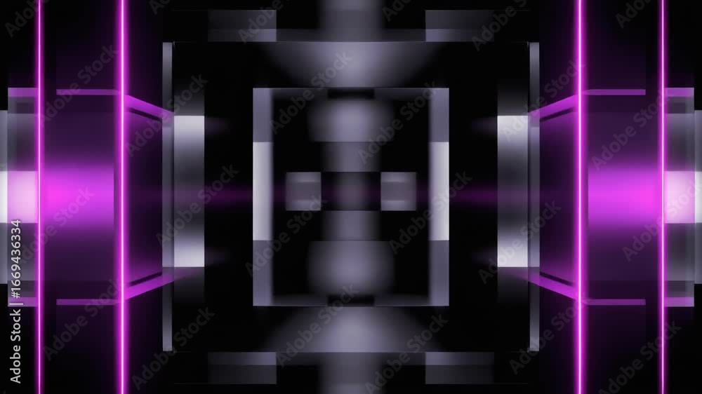 Vidéo graphique sombre avec effet néon, et mouvement de profondeur arrière vers avant.