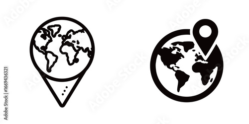 Two distinct visual elements showcase global representation. The first features a globe with a pin, while the second presents an outline globe with a marker, highlighting geographical focus.