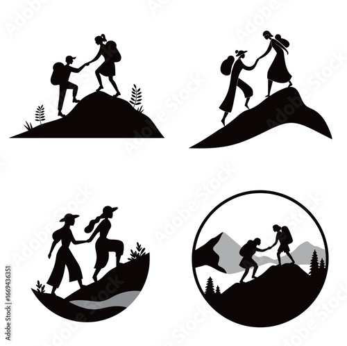 Silhouettes depict various hiking scenes where individuals assist each other on mountainous terrain. The designs emphasize camaraderie and exploration in nature.
