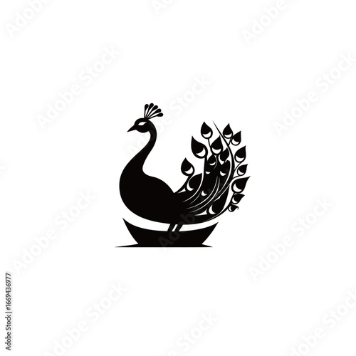 A striking black silhouette of a peacock proudly showing its extravagant feathers. The design emphasizes elegance and simplicity, showcasing the beauty of the bird's plumage.
