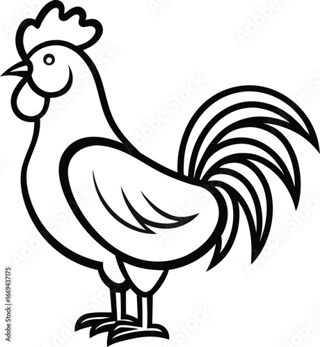 "Rooster Line Art Icon – Stylized Black and White Farm Bird with Prominent Tail"

