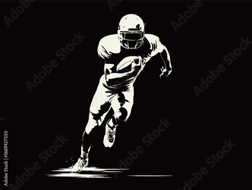 A football player in full gear is captured mid-sprint, showcasing athleticism and focus. The dark background emphasizes the subject's movement and intensity during the game.