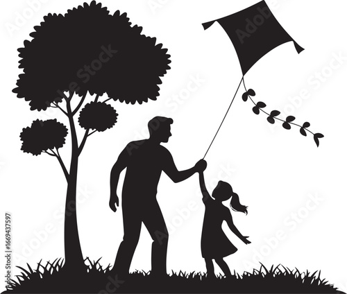 Father and Daughter Flying Kite Silhouette on Transparent Background