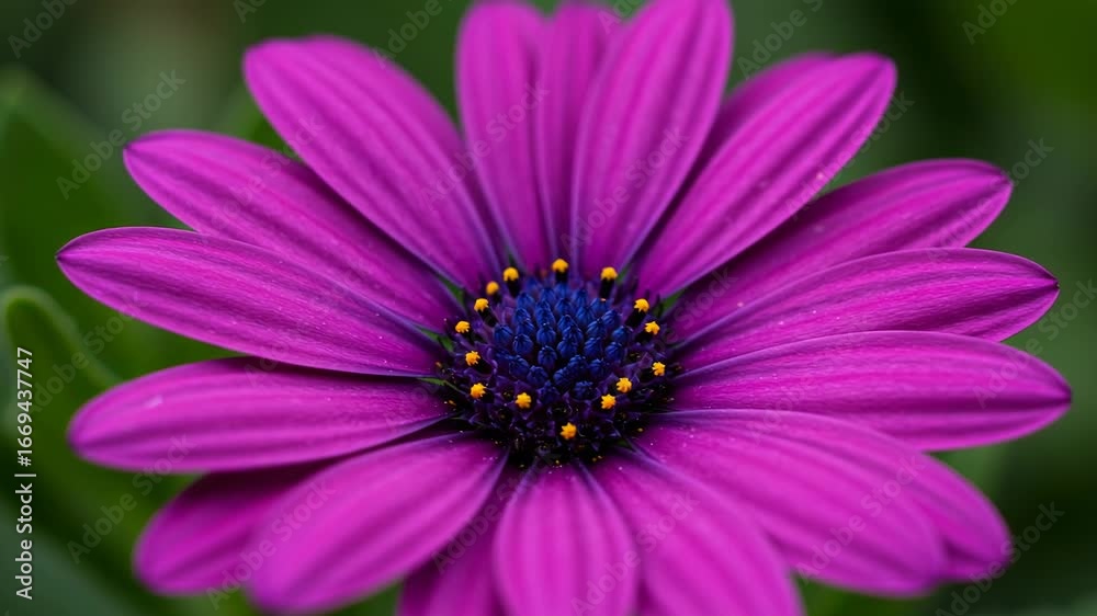 Closeup macro shot of a vibrant pink and purple daisylike flower with a dark blue center Closeup macro shot of a vibrant pink and purple daisylike flower with a dark blue center