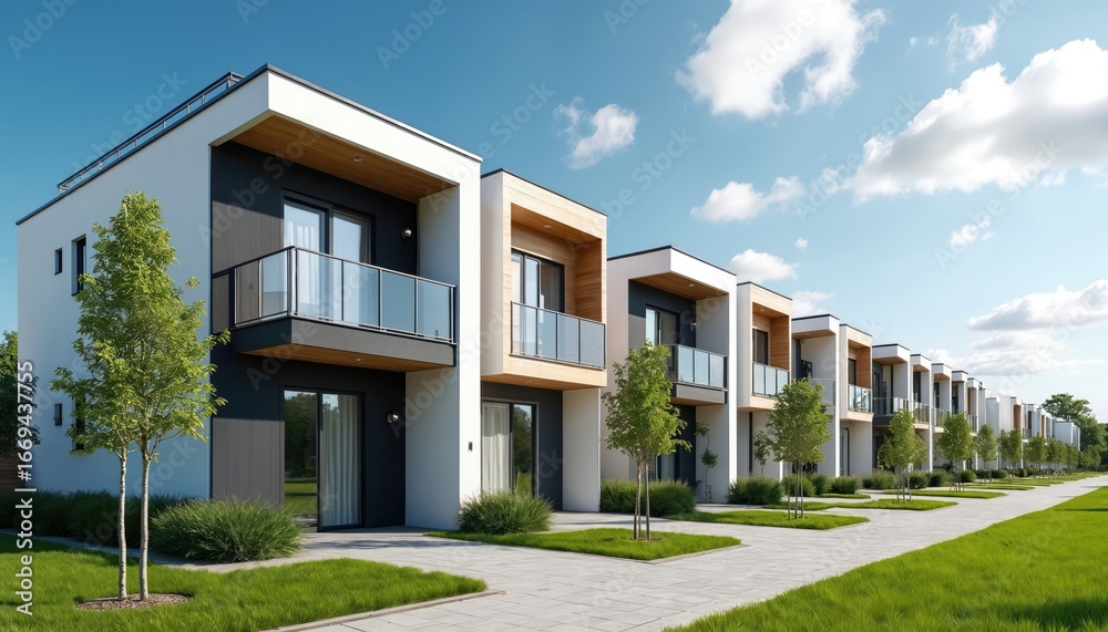 Fototapeta premium Row of modern townhouses with green lawns under bright blue sky. Contemporary architecture features balconies, large windows, clean lines. Suburban street with paved sidewalks, well-maintained
