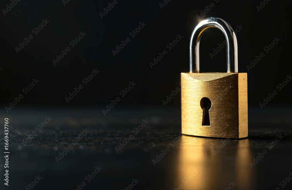Fototapeta premium Golden brass padlock rests on dark surface. Shiny metal lock symbolizes security, protection, privacy, and confidentiality. Features sturdy construction, keyhole detail.