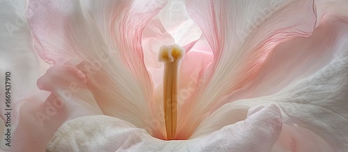Close-up shot of a delicate pink and white flower, highlighting its central stamen.