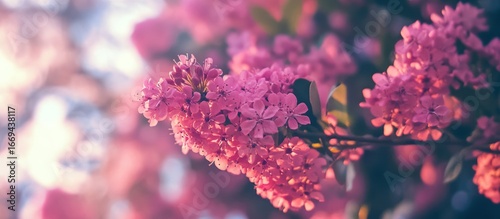Close-up of blooming pink flowers on a branch in soft, diffused sunlight.