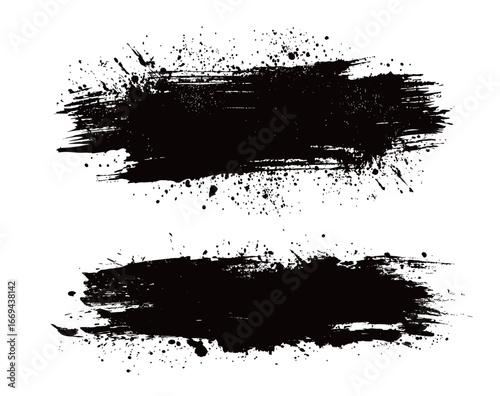 Bold black paint strokes with splatter create a striking contrast against a white background, perfect for adding an artistic touch to various design projects.