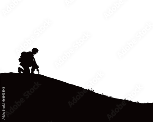 A soldier kneels on a rugged hilltop, silhouetted against the backdrop of a bright sky. The early morning light creates a stark contrast, emphasizing the soldier's stance.