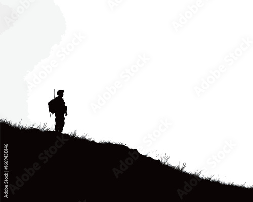 A soldier stands alone on a hillside at dawn, silhouetted against a bright sky. The scene captures a moment of reflection and strength, emphasizing the contrast between the warrior and nature.