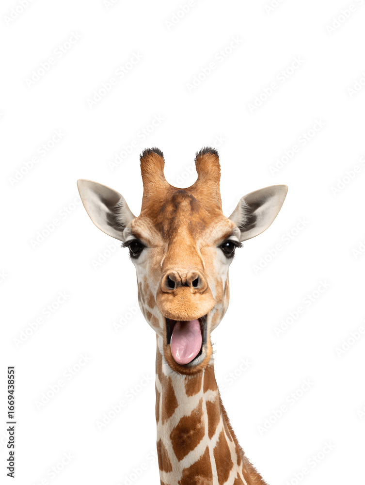 Fototapeta premium A comical giraffe playfully sticking out its tongue