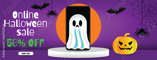 Online Halloween sale banner template with funny ghost and phone on 3D podium stage, party event promotion, Social Media Cover, Header for discount offer, editable trick or treat banner design