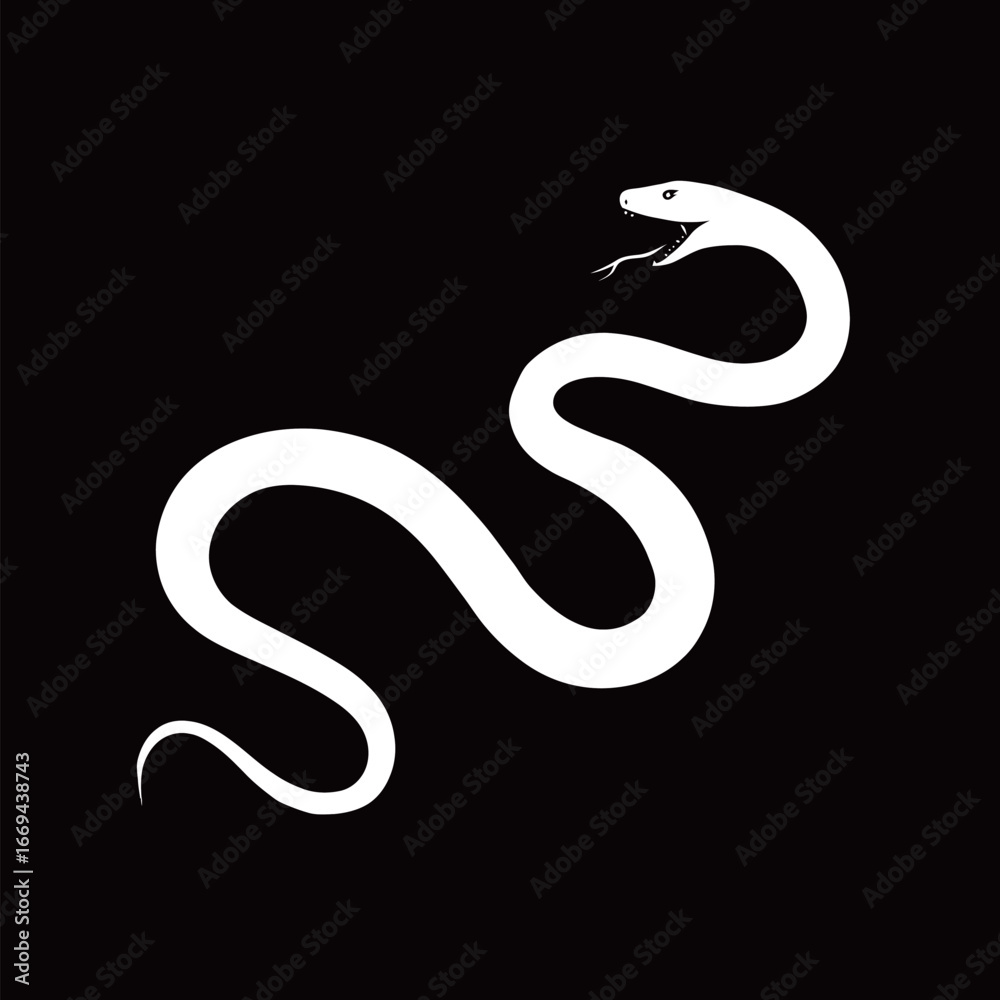 Fototapeta premium A striking design features a white snake with a long, twisting body against a solid black background. The sleek curves and contours create a visually stunning contrast, emphasizing elegance.
