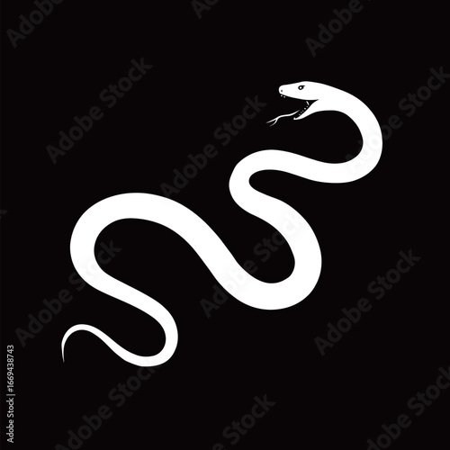 A striking design features a white snake with a long, twisting body against a solid black background. The sleek curves and contours create a visually stunning contrast, emphasizing elegance.