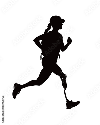 A person runs energetically with a backpack and a visible prosthetic leg. The silhouette captures the essence of determination and athleticism in motion, showcasing resilience in outdoor activity.
