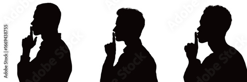 Three silhouetted individuals stand in profile, each making a hush gesture with their fingers to their lips.