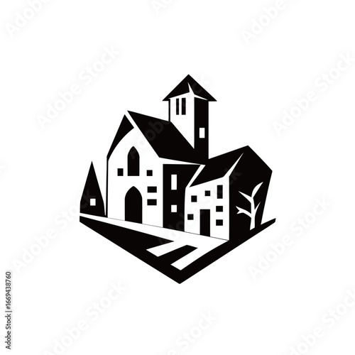 A creative representation of a charming house with a tower is depicted in black and white. The artwork features angular shapes, a simplified design, and a road leading to the structure.