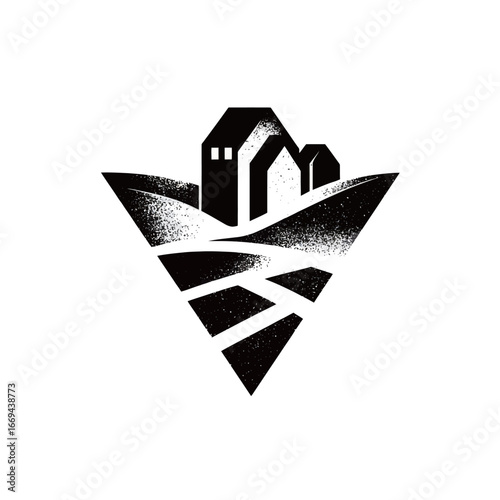 Abstract logo showcasing a stylized house atop rolling hills, representing rural living and community. The design captures simplicity and elegance in black and white.