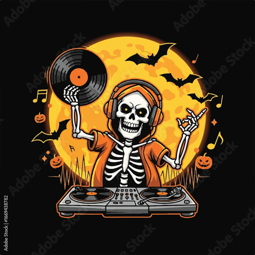 Skeleton DJ with Vinyl Record on a DJ Turntable, Halloween Themed Graphic.