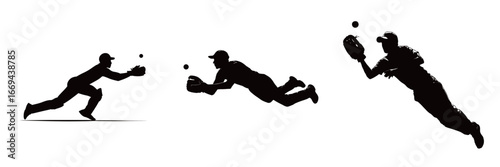 Three baseball players are captured in motion, diving towards flying balls while in a field setting. The action showcases their agility and determination during a dynamic game.