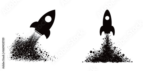 Two stylized rockets ascend against a white background, leaving trails of smoke and particles. The images capture a sense of motion and adventure, evoking themes of exploration and innovation.