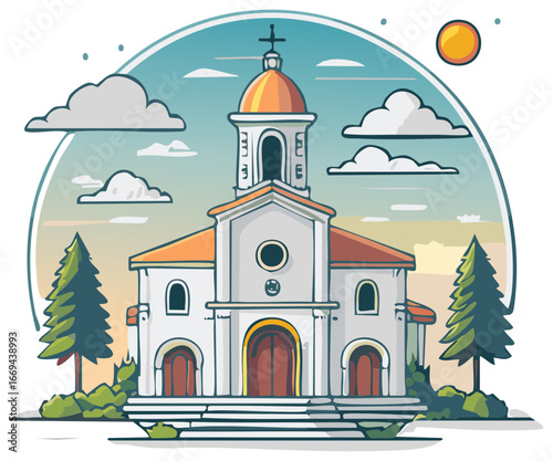 Cartoon illustration of a church building with a cross and trees