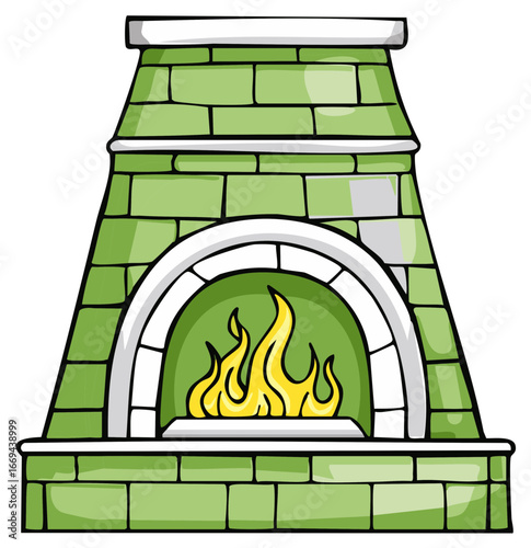 Green brick fireplace with bright yellow flames illustration