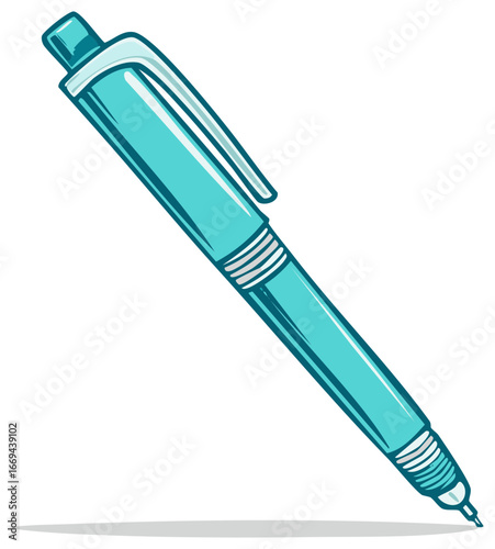 Simple light blue click pen cartoon drawing with clip for stationery