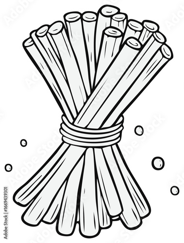 Stylized black and white illustration of a bundle of lemongrass stalks tied together
