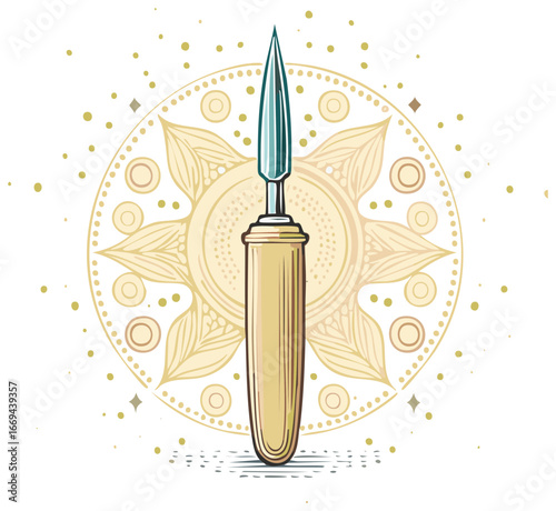 Detailed Spear with Decorative Sunburst Artwork Illustration