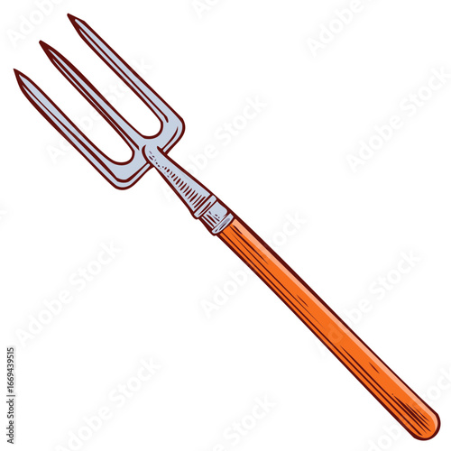 Stylized illustration of a traditional garden pitchfork with a wooden handle