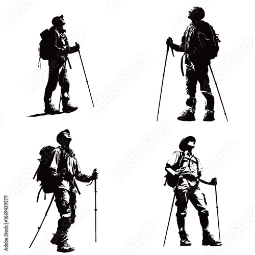 Four individuals stand in various poses, equipped with backpacks and trekking poles, showcasing outdoor hiking spirit and adventure. The silhouettes highlight their determination.