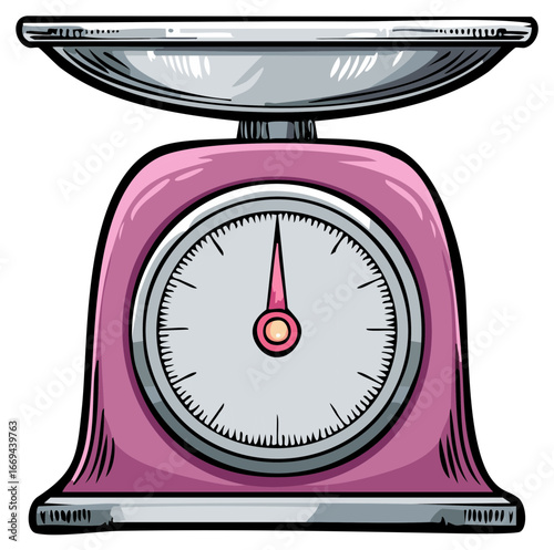 Retro pink kitchen scale with analog dial and silver weighing pan in a playful illustration style