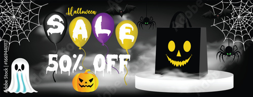 Creative Halloween Sale Banner and Social Media cover, Header with Shopping Bag on 3D Podium, Smoky Background, Halloween Background for Website Advertisement, Event Promotion, Text on 3D Balloons