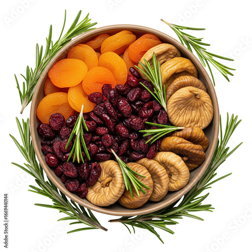 A colorful mix of dried apricots, cranberries, and figs presented in a bowl, garnished with fresh rosemary. Perfect for healthy snacks, holiday spreads, or gourmet food concepts.