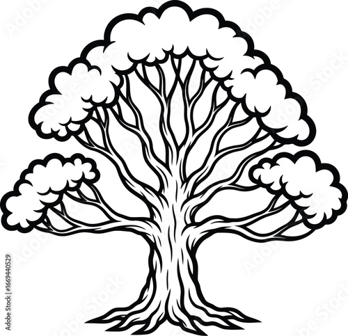 Illustration of a deciduous tree with a thick trunk and full crown