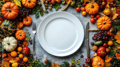 White plate with fork and knife surrounded by autumn harvest pumpkins and leaves fall