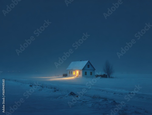 Winter Landscape with Foggy Night and Abandoned House