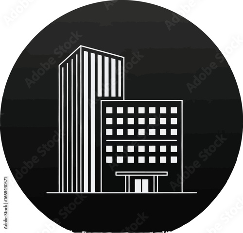 Illustration of a modern building with a skyscraper on a black circular background